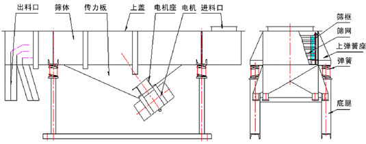 直線振動篩內(nèi)部結構：出料口，篩體，傳力板，上蓋，電機座，電機，進料口，篩框，篩網(wǎng)，上彈簧座，彈簧，底腿。