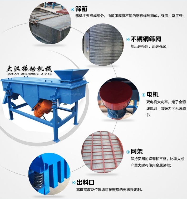 525型直線振動篩結構細節(jié)：篩箱：篩機主要組成部分，由數(shù)張厚度不同的鋼板焊制而成，強度，剛度好。不銹鋼篩網(wǎng)：能速換網(wǎng)，迅速張緊。電機：雙電機大功率，定子全銅線繞組，激振力可無級調(diào)節(jié)。網(wǎng)架：保持篩網(wǎng)的緊繃和平整，比重大或產(chǎn)量大時可使用金屬篩框。出料口：高度寬度及位置均可按照您的要求定制。