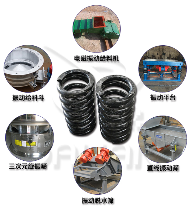 旋振篩減震彈簧適用產(chǎn)品：振動給料機，電磁振動給料機，振動平臺，直線振動篩，振動脫水篩，三次元旋振篩。