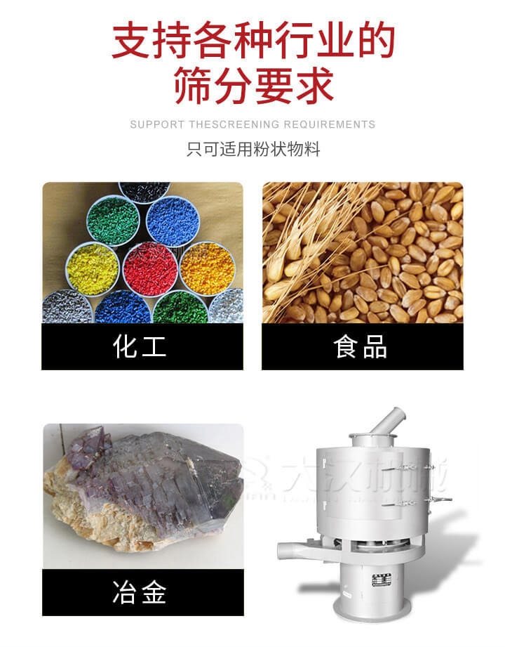 氣流篩用于礦粉，石墨粉，活性納米碳酸鈣，鋁灰，大豆粉，碳酸重鈣，石墨粉，木粉，干草，重金石粉，藥粉末，橡膠顆粒，草酸鹽，干料粉，木粉，聚酯粉，干粉，塑料，金屬粉末，橡膠粉，粉煤灰，石墨粉，陶瓷粉，鋅粉，石英粉，石灰粉，鐵粉，金屬硅粉等。