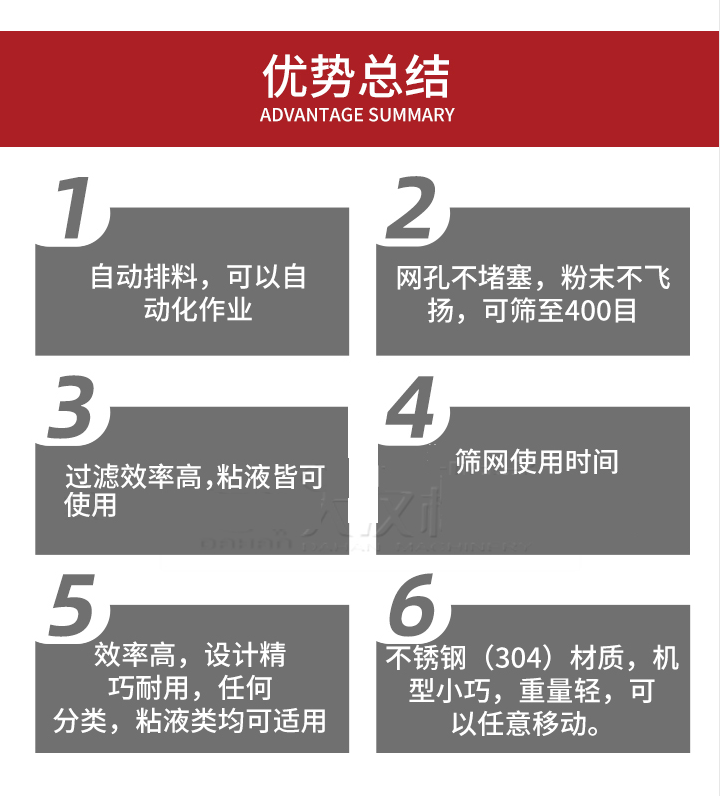 過濾篩優(yōu)勢總結(jié)：1，自動排料，可以自動化作用。2，網(wǎng)孔不堵塞，粉塵不飛揚，可篩至400目。3，過濾效率高，任何粒，粉，粘液也可使用。4，篩網(wǎng)設(shè)計大大提高了篩網(wǎng)使用時間，也魏換網(wǎng)提高了方便。5，效率高，設(shè)計精巧耐用，任何分類設(shè)計精巧耐用，任何分類，粘液類均可適用。6，不銹鋼材質(zhì)機型小巧，重量輕，可以任意移動。