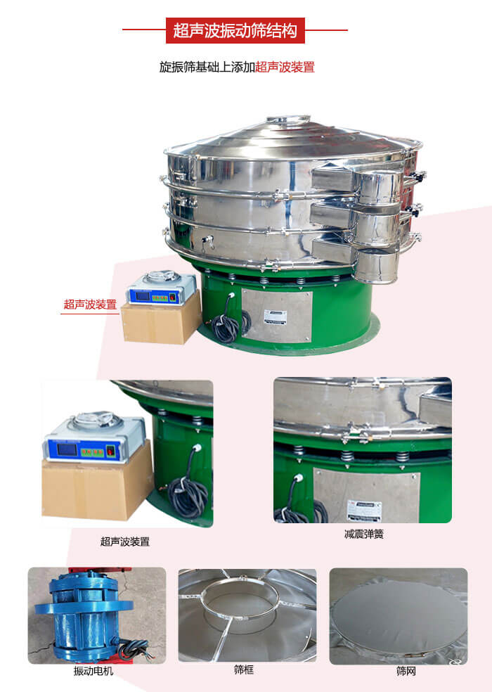 圓篩機(jī)內(nèi)部結(jié)構(gòu)：主要由振動(dòng)電機(jī)、篩框、篩網(wǎng)、超聲波系統(tǒng)、減震彈簧等展示圖