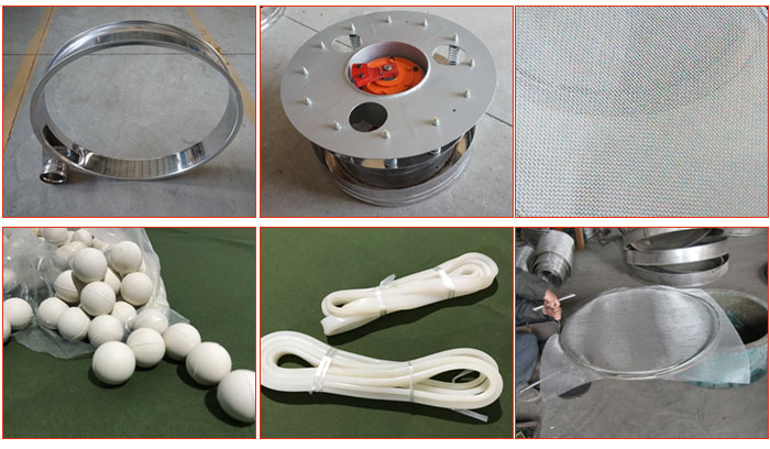 800型全不銹鋼振動(dòng)篩配件有：振動(dòng)篩篩框，電機(jī)，不銹鋼篩網(wǎng)等。
