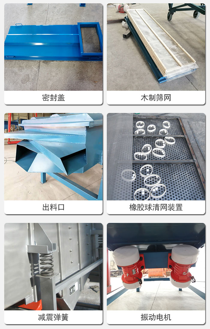 直線篩結(jié)構(gòu)展示：篩網(wǎng)，篩箱，振動電機(jī)，振動電機(jī)座，減震彈簧，支架等部件展示圖
