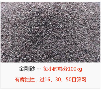 篩分金剛砂每小時100kg，有腐蝕性，過16、30、50目篩網(wǎng)