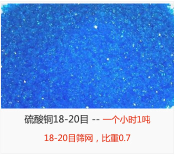 篩分18-20目的硫酸銅 產(chǎn)量一個小時1噸，采用18-20目篩網(wǎng)，比重0.7
