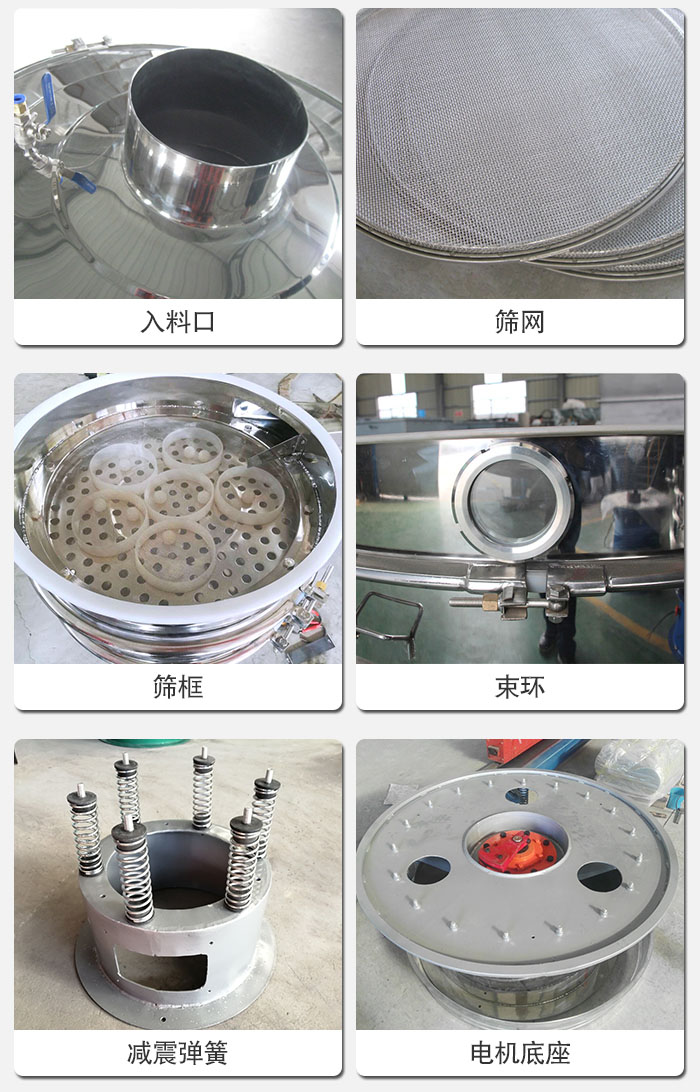 醫(yī)藥振動(dòng)篩有電機(jī)底座，減震彈簧，束環(huán)，篩框，入料口，篩網(wǎng)等部件展示。