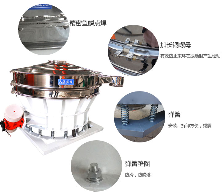 1500直排篩細(xì)節(jié)展示：彈簧，彈簧墊圈，加長銅螺母。