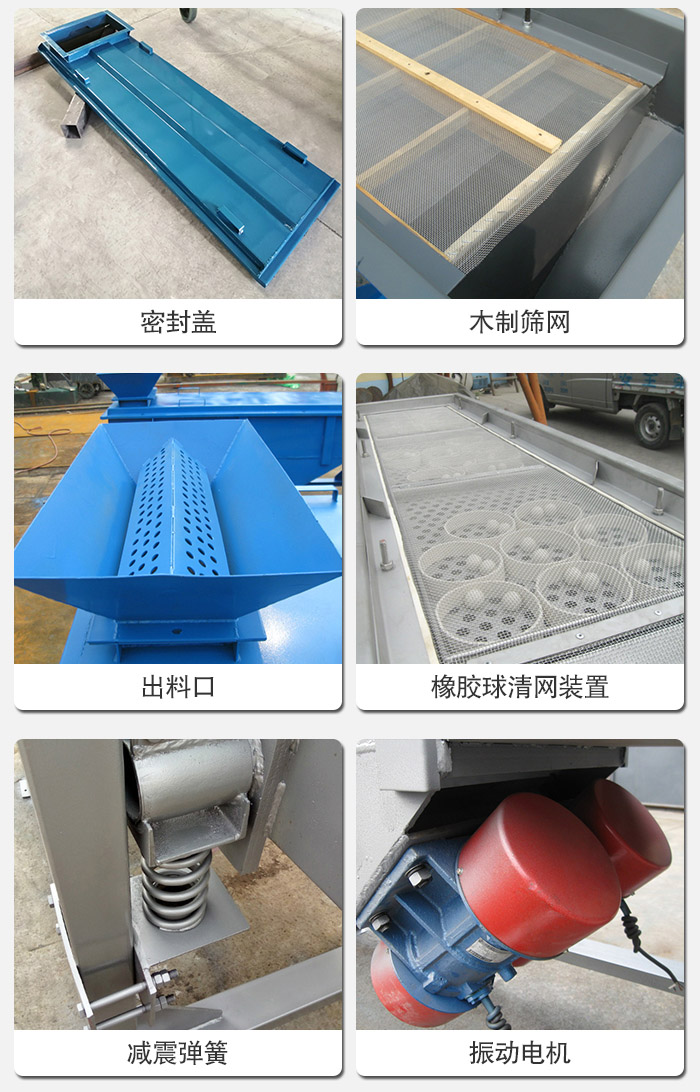 直線篩分機(jī)的結(jié)構(gòu)展示圖：篩箱是物料主要篩分設(shè)備之一，篩網(wǎng)用于篩分物料，振動電機(jī)幫助篩網(wǎng)篩分。