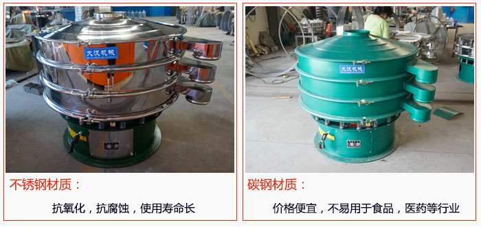 800型振動(dòng)篩有不銹鋼和碳鋼兩種材質(zhì)，不銹鋼材質(zhì)：抗氧化，抗腐蝕，使用壽命長(zhǎng) 碳鋼材質(zhì)：價(jià)格便宜，不易篩分食品，化工，醫(yī)藥等行業(yè)的物料。