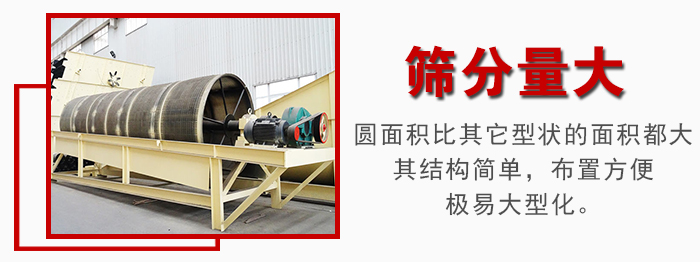 滾筒篩篩分產(chǎn)量大，產(chǎn)量可達(dá)200噸/時