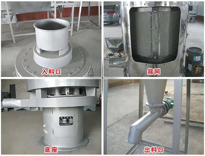 氣流篩部件展示：入料口，篩網(wǎng)，底座，出料口等。