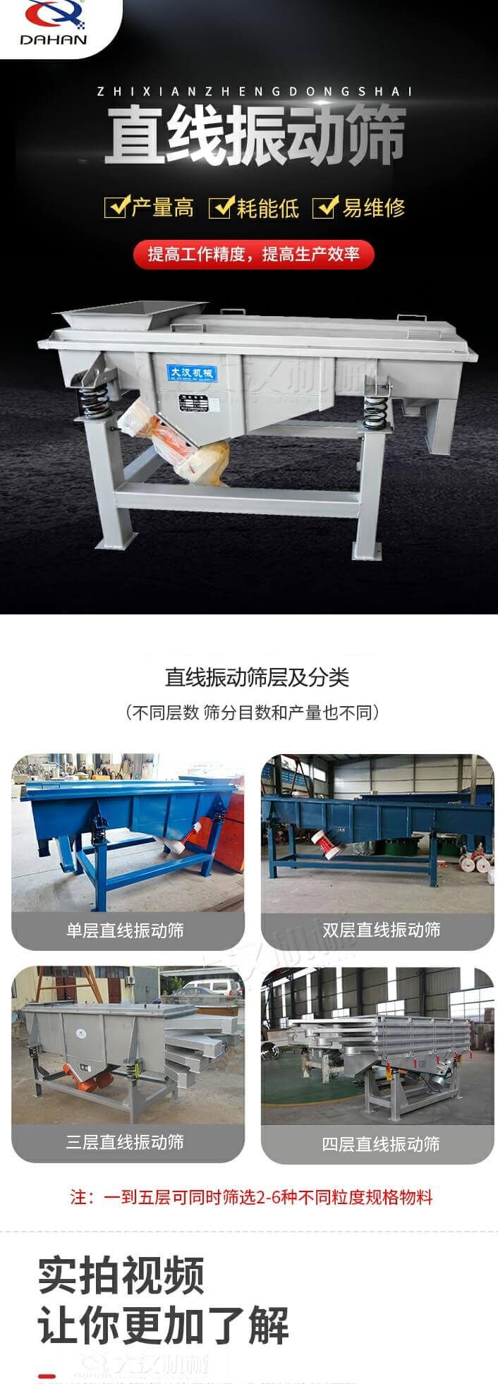 直線振動篩概述，產(chǎn)量高，耗能低，易維修，提高工作精度，提高生產(chǎn)效率，直線振動篩層級分類：不同層數(shù)，篩分目數(shù)和產(chǎn)量也不同：單層，雙層，三層，四層等。