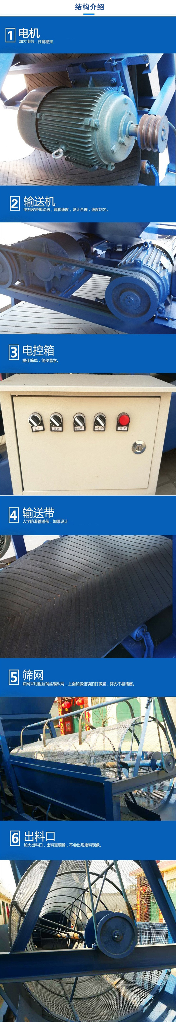移動篩沙機結構:電機，加大電機，性能相對比較穩(wěn)定。輸送機：電機皮帶傳動送，調和速度，設計合理，速度均勻。電控箱：操作簡單，簡便易學。輸送帶：人字防滑輸送帶，加厚設計。篩網，采用粗絲鋼絲編織而成的篩網，上面加裝連續(xù)拍打裝置，篩孔不易堵塞。出料口：加大出料口，出料更順暢，不會出現堵料現象。