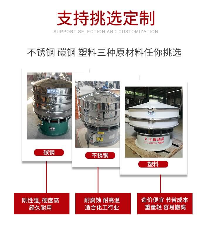 旋振篩可配置一到四層的篩網(wǎng)。旋振篩的篩分效率高，篩分精度高，篩分率高達(dá)96%。