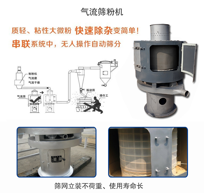 氣流篩粉機(jī)適用：質(zhì)輕，粘性大微粉采用串聯(lián)系統(tǒng)重，無人操作自動(dòng)篩分 特點(diǎn)：篩網(wǎng)立裝不負(fù)重，使用壽命長。