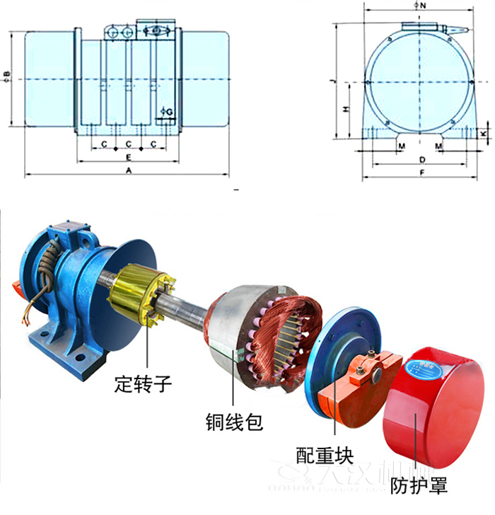YZS振動(dòng)電機(jī)內(nèi)部主要部件：定轉(zhuǎn)子，銅線(xiàn)包，配重塊，防護(hù)罩。