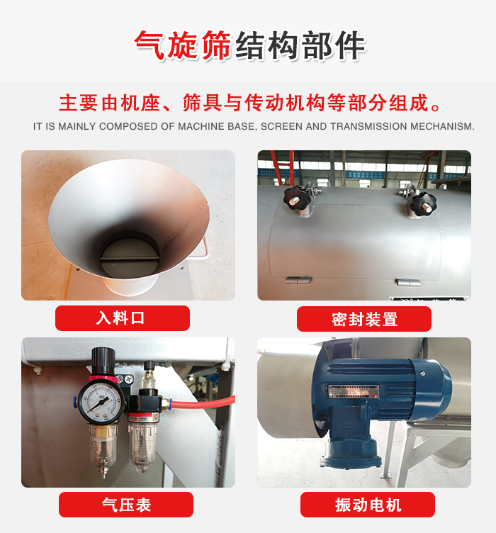 氣旋篩結構：入料口，密封裝置，電機，氣壓表等
