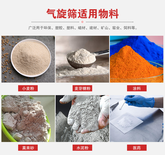 氣旋篩適用物料：小麥粉，麥芽糖粉，涂料，等粉狀物料。